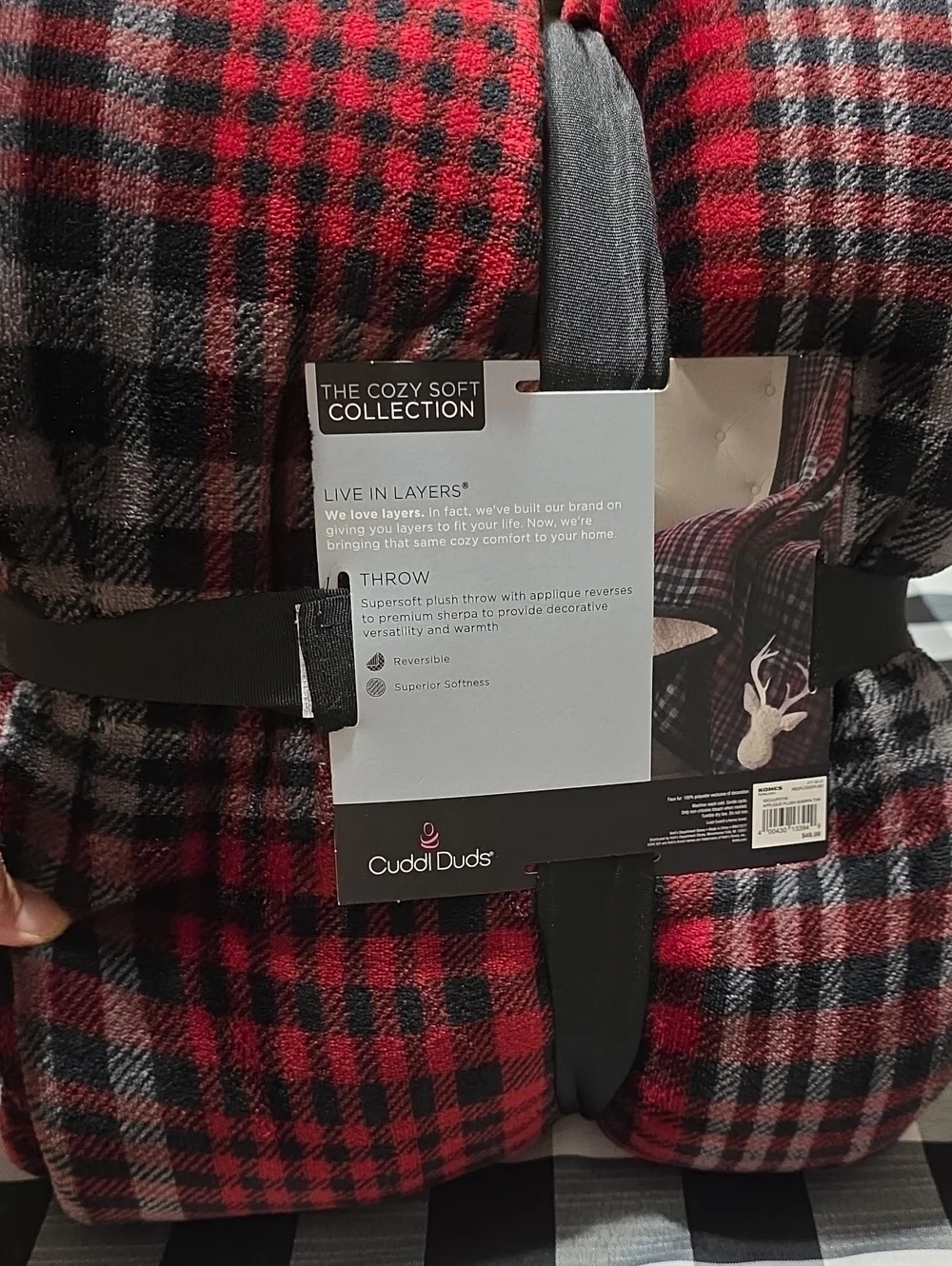 Cuddl Duds Red & Black Plaid Reindeer Throw Blanket